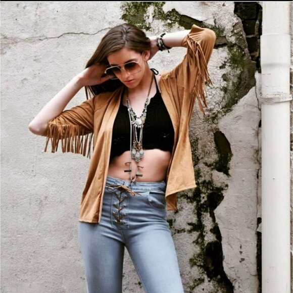 Ginger G fringed butter soft suede cardigan camel tan - Picture 2 of 5